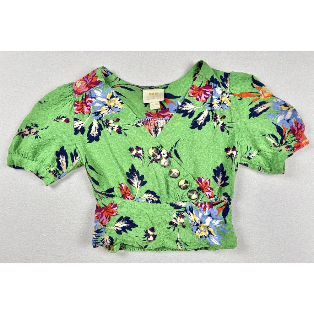 Maeve‎ by Anthropologie Green Floral Puff Sleeve Cropped Button Blouse 2P